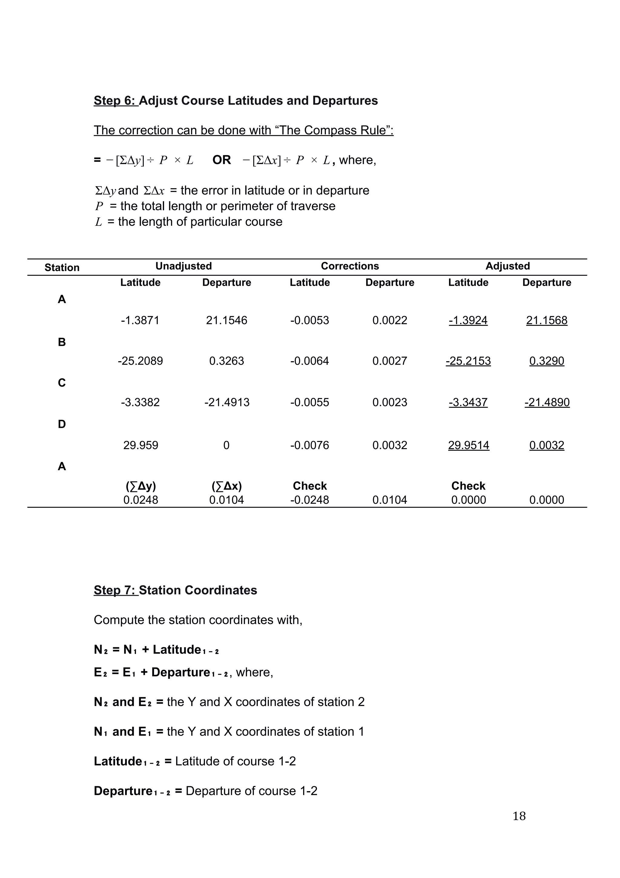  
 
Step 6: ​Adjust Course Latitudes and Departures 
 
The correction can be done with “The Compass Rule”: 
=       OR    , ​where,ΣΔy] P  L − [ ÷   ×   ΣΔx] P  L − [ ÷   ×    
 
and   = the error in latitude or in departureΔy Σ Δx Σ  
 = the total length or perimeter of traverseP  
 = the length of particular courseL  
 
 
Station  Unadjusted  Corrections  Adjusted 
  Latitude  Departure  Latitude  Departure  Latitude  Departure 
A             
  ­1.3871  21.1546  ­0.0053  0.0022  ­1.3924  21.1568 
B             
  ­25.2089  0.3263  ­0.0064  0.0027  ­25.2153  0.3290 
C             
  ­3.3382  ­21.4913  ­0.0055  0.0023  ­3.3437  ­21.4890 
D             
  29.959  0  ­0.0076  0.0032  29.9514  0.0032 
A             
  (∑Δy) 
0.0248 
(∑Δx) 
0.0104 
Check 
­0.0248 
 
0.0104 
Check 
0.0000 
 
0.0000 
 
 
 
 
 
Step 7: ​Station Coordinates 
 
Compute the station coordinates with, 
N₂ = N₁ + Latitude₁₋₂ 
E₂ = E₁ + Departure₁₋₂​, where, 
 
N₂ and E₂ =​ the Y and X coordinates of station 2 
N₁ and E₁ =​ the Y and X coordinates of station 1 
Latitude₁₋₂ =​ Latitude of course 1­2  
Departure₁₋₂ =​ Departure of course 1­2 
18 
 