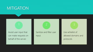 MITIGATION
Avoid user input that
can make requests on
behalf of the server.
1
Sanitize and filter user
input.
2
Use whitelist of
allowed domains and
protocols
3
 