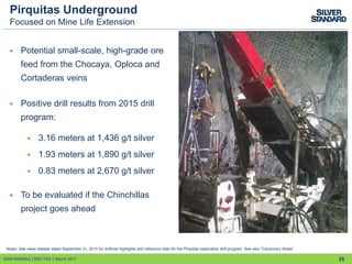 Pirquitas Underground
Focused on Mine Life Extension
 Potential small-scale, high-grade ore
feed from the Chocaya, Oploca and
Cortaderas veins
 Positive drill results from 2015 drill
program:
 3.16 meters at 1,436 g/t silver
 1.93 meters at 1,890 g/t silver
 0.83 meters at 2,670 g/t silver
 To be evaluated if the Chinchillas
project goes ahead
Notes: See news release dated September 21, 2015 for drillhole highlights and reference data for the Pirquitas exploration drill program. See also “Cautionary Notes”.
25SSRI:NASDAQ │SSO:TSX │ March 2017
 