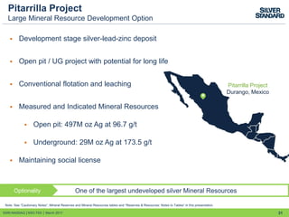 Pitarrilla Project
Large Mineral Resource Development Option
 Development stage silver-lead-zinc deposit
 Open pit / UG project with potential for long life
 Conventional flotation and leaching
 Measured and Indicated Mineral Resources
 Open pit: 497M oz Ag at 96.7 g/t
 Underground: 29M oz Ag at 173.5 g/t
 Maintaining social license
31
Pitarrilla Project
Durango, Mexico
Note: See “Cautionary Notes”, Mineral Reserves and Mineral Resources tables and “Reserves & Resources: Notes to Tables” in this presentation.
One of the largest undeveloped silver Mineral ResourcesOptionality
SSRI:NASDAQ │SSO:TSX │ March 2017
 