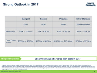 5
Strong Outlook in 2017
Marigold Seabee Pirquitas Silver Standard
Gold Gold Silver Gold Equivalent
Production 205K – 215K oz 72K – 82K oz 4.5M – 5.5M oz 340K – 370K oz
Cash Costs
(US$/oz)
$655/oz – $705/oz $575/oz – $625/oz $13.50/oz – $16.00/oz * $700/oz – $770/oz
* As cash costs are reported on a per payable ounce sold basis, 2017 expected cash costs include stockpile inventory costs of approximately $3.50 per ounce of silver previously incurred.
Notes: For discussion of 2017 guidance, refer to our news release dated February 23, 2017. Gold equivalent production and cash costs are calculated based on the mid-point of our 2017
production and cash costs guidance for our three operations, with silver converted to gold equivalent at a 71:1 ratio. Cash costs is a non-GAAP financial measure. Please see "Cautionary Note
Regarding Non-GAAP Measures” in this presentation.
355,000 oz AuEq at $735/oz cash costs in 2017Mid-point Guidance
SSRI:NASDAQ │SSO:TSX │ March 2017
 