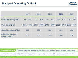 8
Marigold Operating Outlook
SSRI:NASDAQ │SSO:TSX │ March 2017
2017 2018 2019 2020 2021
Gold production (Koz) 205 – 215 200 – 210 225 – 235 205 – 215 230 – 240
Cash costs ($/oz) $655 – $705 $830 – $880 $740 – $790 $660 – $710 $550 – $600
Capital investment ($M) $30 $35 $25 $20 $25
Capitalized deferred
stripping ($M)
$17 $15 $15 $30 $70
Notes: Elevated deferred stripping activity in 2020 and 2021 relates to stripping further phases of the mine plan that is expected to benefit future periods and support mine life extension. Please
refer to our news release dated September 15, 2016. Cash costs is a non-GAAP financial measure. Please see "Cautionary Note Regarding Non-GAAP Measures” in this presentation.
Forecast average annual production up by 35K oz Au at reduced cash costsExpanding Margins
 