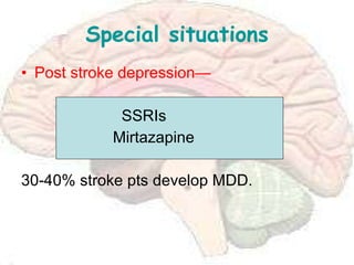 Special situations Post stroke depression— SSRIs Mirtazapine  30-40% stroke pts develop MDD. 
