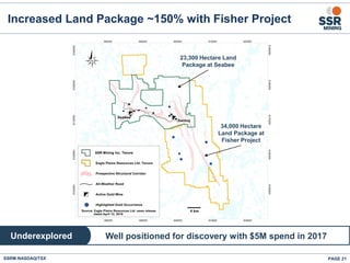 PAGE 21
Increased Land Package ~150% with Fisher Project
SSRM:NASDAQ/TSX
Well positioned for discovery with $5M spend in 2017Underexplored
23,300 Hectare Land
Package at Seabee
34,000 Hectare
Land Package at
Fisher Project
SSR Mining Inc. Tenure
 