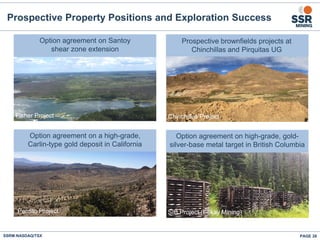 PAGE 28
Chinchillas Project
Option agreement on a high-grade,
Carlin-type gold deposit in California
Perdito Project
Prospective brownfields projects at
Chinchillas and Pirquitas UG
Option agreement on high-grade, gold-
silver-base metal target in British Columbia
SIB Project (Eskay Mining)
Fisher Project
Option agreement on Santoy
shear zone extension
Prospective Property Positions and Exploration Success
SSRM:NASDAQ/TSX
 