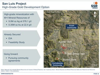 PAGE 32
High-grade mineralization with
M+I Mineral Resources of
 9.0M oz Ag at 578.1 g/t
 0.35M oz Au at 22.4 g/t
Ayelén Vein
Ecash
Community
Cochabamba
Community 3 km
N
San Simon Vein
Bonita Zone
Ancash Region, Peru
Already Secured
 EIA
 Feasibility Study
Going forward
 Pursuing community
agreements
Notes: Measured and Indicated Mineral Resources are inclusive of Mineral Reserves. See “Cautionary Notes”, Mineral Reserves and Mineral Resources tables and “Reserves and Resources:
Notes to Tables” in this presentation.
SSRM:NASDAQ/TSX
San Luis Project
High-Grade Gold Development Option
 