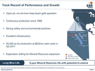 Maverick
Springs
Goldstrike
Marigold
SSR Mining projects
Other mines in area
Twin Creeks
Cortez
Phoenix
MARIGOLD
Carlin Trend
Battle Mountain-Eureka
Trend
SSRM:NASDAQ/TSX PAGE 8
 Open pit, run-of-mine heap leach gold operation
 Continuous production since 1988
 Strong safety and environmental practices
 Excellent infrastructure
 55,558 oz Au production at $632/oz cash costs in
Q2 2017
 Exploration drilling for Mineral Resource expansion
Track Record of Performance and Growth
Long Mine Life 8-year Mineral Reserves life with potential to extendLong Mine Life
Note: Cash costs is a non-GAAP financial measure. Please see "Cautionary Note Regarding Non-GAAP Measures” in this presentation.
 