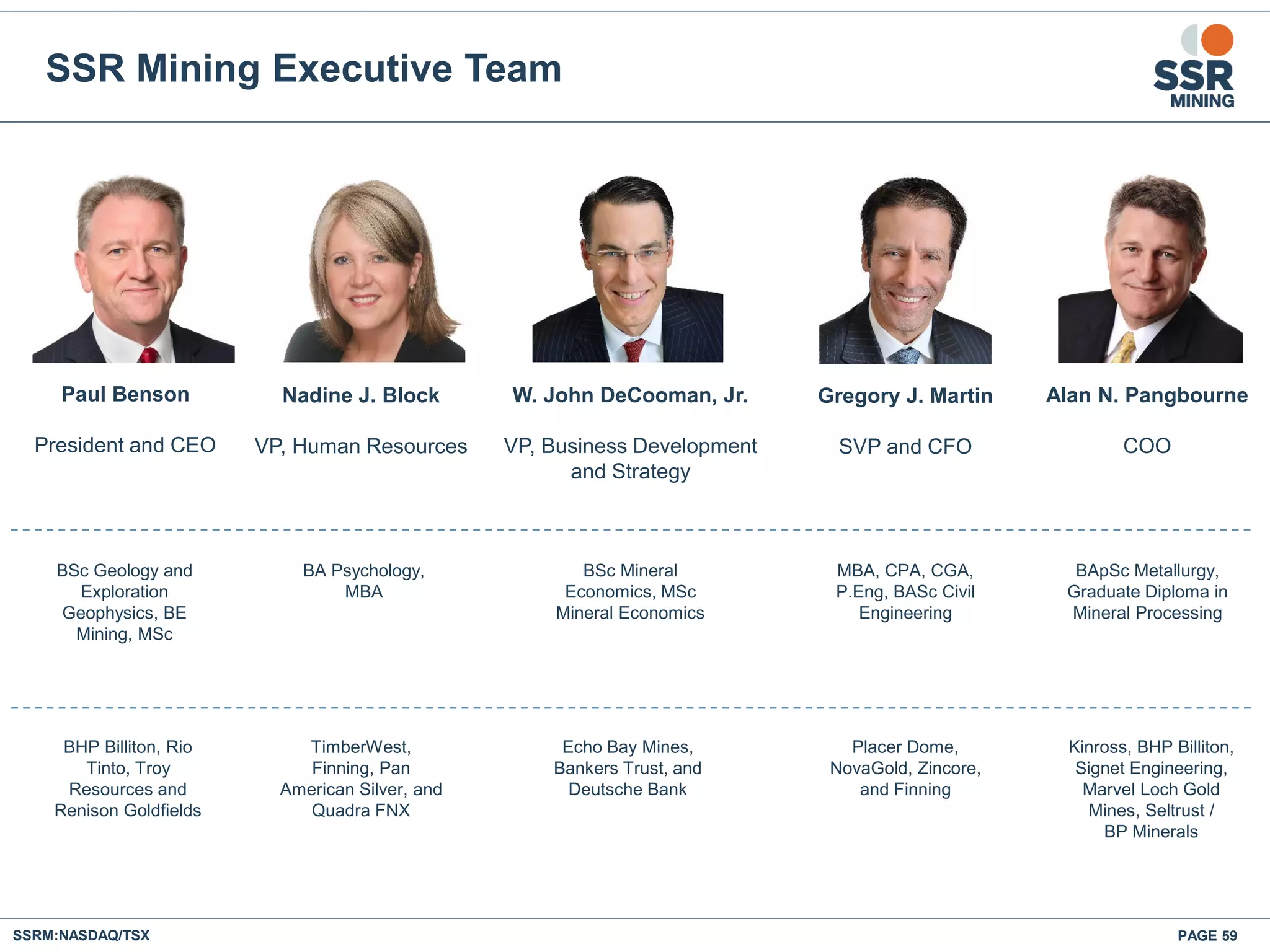 PAGE 59SSRM:NASDAQ/TSX
Paul Benson
President and CEO
W. John DeCooman, Jr.
VP, Business Development
and Strategy
Nadine J. Block
VP, Human Resources
Alan N. Pangbourne
COO
Gregory J. Martin
SVP and CFO
BSc Geology and
Exploration
Geophysics, BE
Mining, MSc
BHP Billiton, Rio
Tinto, Troy
Resources and
Renison Goldfields
MBA, CPA, CGA,
P.Eng, BASc Civil
Engineering
BApSc Metallurgy,
Graduate Diploma in
Mineral Processing
TimberWest,
Finning, Pan
American Silver, and
Quadra FNX
Echo Bay Mines,
Bankers Trust, and
Deutsche Bank
Placer Dome,
NovaGold, Zincore,
and Finning
Kinross, BHP Billiton,
Signet Engineering,
Marvel Loch Gold
Mines, Seltrust /
BP Minerals
BSc Mineral
Economics, MSc
Mineral Economics
BA Psychology,
MBA
SSR Mining Executive Team
 