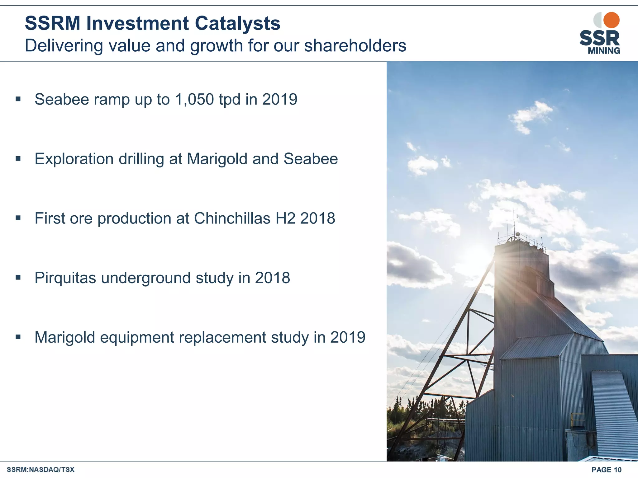 PAGE 10
SSRM Investment Catalysts
Delivering value and growth for our shareholders
 Seabee ramp up to 1,050 tpd in 2019
 Exploration drilling at Marigold and Seabee
 First ore production at Chinchillas H2 2018
 Pirquitas underground study in 2018
 Marigold equipment replacement study in 2019
 