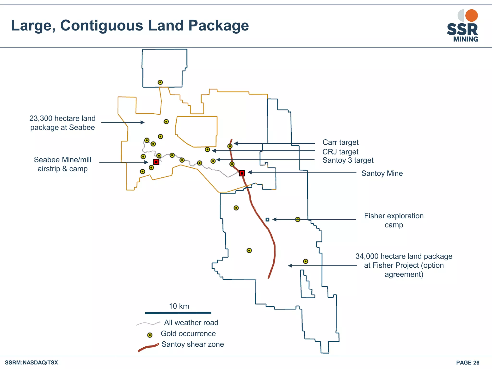 Large, Contiguous Land Package
SSRM:NASDAQ/TSX PAGE 26
23,300 hectare land
package at Seabee
34,000 hectare land package
at Fisher Project (option
agreement)
10 km
Gold occurrence
Santoy Mine
Seabee Mine/mill
airstrip & camp
All weather road
Fisher exploration
camp
Santoy shear zone
Carr target
CRJ target
Santoy 3 target
 