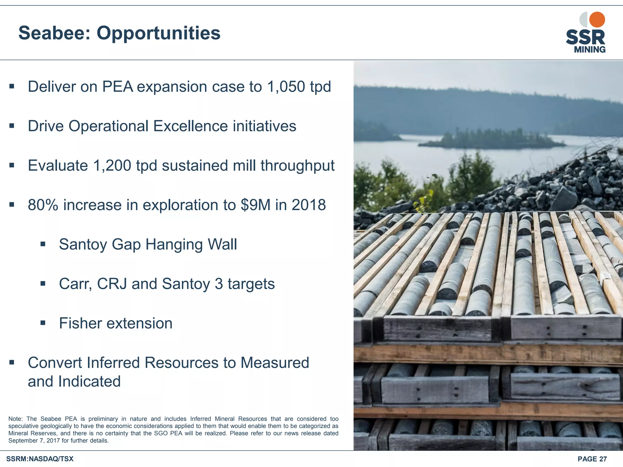 Seabee: Opportunities
 Deliver on PEA expansion case to 1,050 tpd
 Drive Operational Excellence initiatives
 Evaluate 1,200 tpd sustained mill throughput
 80% increase in exploration to $9M in 2018
 Santoy Gap Hanging Wall
 Carr, CRJ and Santoy 3 targets
 Fisher extension
 Convert Inferred Resources to Measured
and Indicated
SSRM:NASDAQ/TSX
Seabee
Gold
Operation
Saskatoon
Flin Flon
PAGE 27
Note: The Seabee PEA is preliminary in nature and includes Inferred Mineral Resources that are considered too
speculative geologically to have the economic considerations applied to them that would enable them to be categorized as
Mineral Reserves, and there is no certainty that the SGO PEA will be realized. Please refer to our news release dated
September 7, 2017 for further details.
 