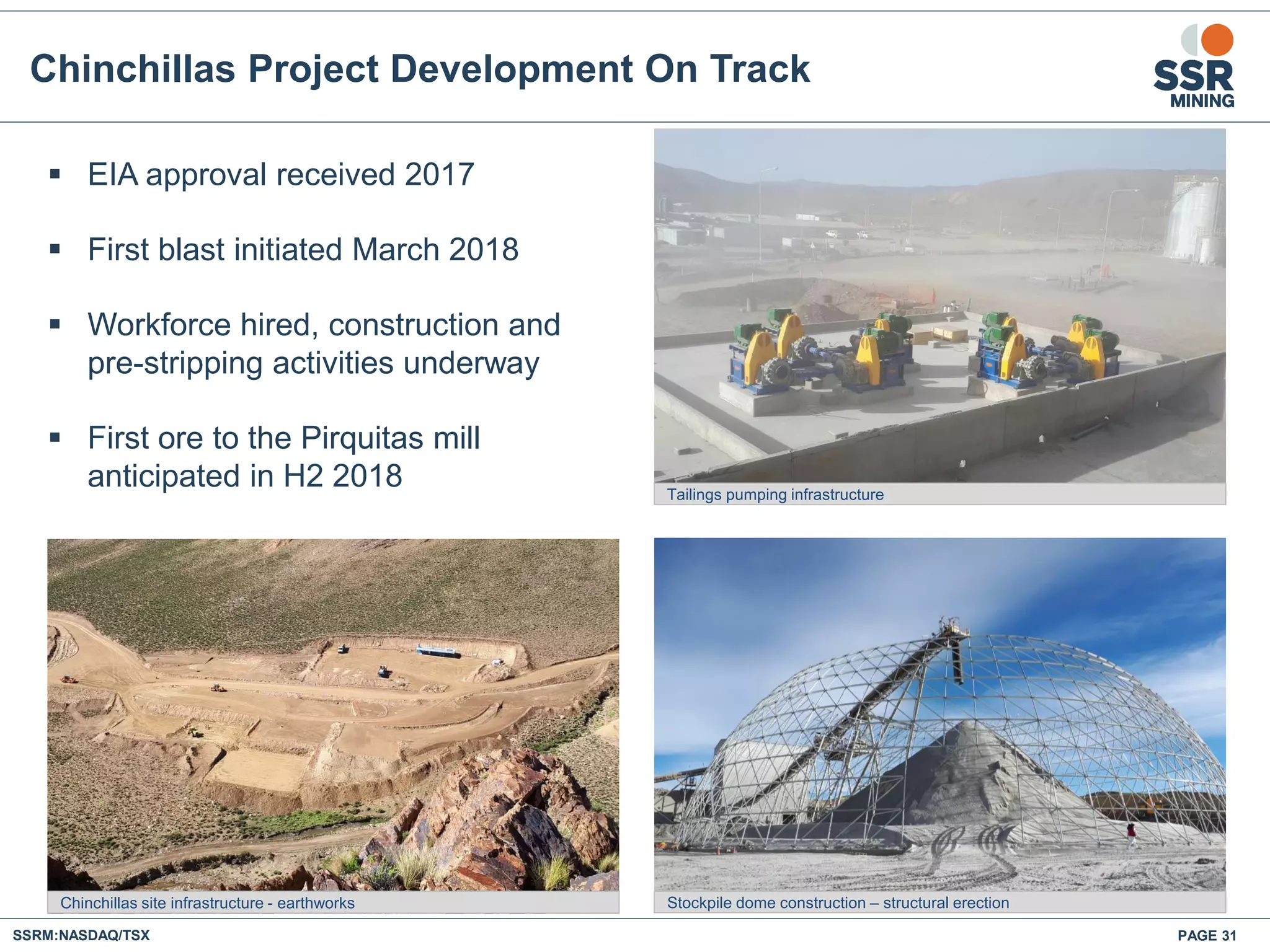 SSRM:NASDAQ/TSX
Chinchillas Project Development On Track
PAGE 31
 EIA approval received 2017
 First blast initiated March 2018
 Workforce hired, construction and
pre-stripping activities underway
 First ore to the Pirquitas mill
anticipated in H2 2018
Chinchillas site infrastructure - earthworks Stockpile dome construction – structural erection
Tailings pumping infrastructure
 