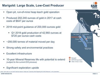 Maverick
Springs
Goldstrike
Marigold
SSR Mining project
Other mines in area
Twin Creeks
Cortez
Phoenix
MARIGOLD
Carlin Trend
Battle Mountain-
Eureka Trend
 Open pit, run-of-mine heap leach gold operation
 Produced 202,240 ounces of gold in 2017 at cash
costs of $647 per ounce
 2018 mid-point guidance of 200,000 ounces gold
 Q1 2018 gold production of 42,960 ounces at
$720 per ounce cash costs
 ~200,000 tonnes of material moved per day
 Strong safety and environmental practices
 Excellent infrastructure
 10-year Mineral Reserves life with potential to extend
(subject to the current EIS process)
 Significant exploration upside
Marigold: Large Scale, Low-Cost Producer
Notes: Cash costs is a non-GAAP financial measure. Please see "Cautionary Note Regarding Non-GAAP Measures” in this presentation.
SSRM:NASDAQ/TSX PAGE 13
 
