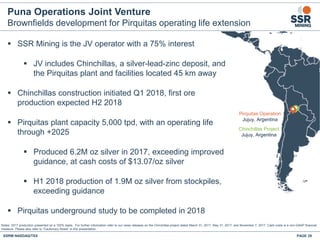 Puna Operations Joint Venture
Brownfields development for Pirquitas operating life extension
 SSR Mining is the JV operator with a 75% interest
 JV includes Chinchillas, a silver-lead-zinc deposit, and
the Pirquitas plant and facilities located 45 km away
 Chinchillas construction initiated Q1 2018, first ore
production expected H2 2018
 Pirquitas plant capacity 5,000 tpd, with an operating life
through +2025
 Produced 6.2M oz silver in 2017, exceeding improved
guidance, at cash costs of $13.07/oz silver
 H1 2018 production of 1.9M oz silver from stockpiles,
exceeding guidance
 Pirquitas underground study to be completed in 2018
Notes: 2017 production presented on a 100% basis. For further information refer to our news releases on the Chinchillas project dated March 31, 2017, May 31, 2017, and November 7, 2017. Cash costs is a non-GAAP financial
measure. Please also refer to “Cautionary Notes” in this presentation.
SSRM:NASDAQ/TSX PAGE 29
Seabee
Gold
Operation
Saskatoon
Flin Flon
Pirquitas Operation
Jujuy, Argentina
Chinchillas Project
Jujuy, Argentina
 