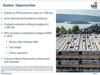 Seabee: Opportunities
▪ Deliver on PEA expansion case to 1,050 tpd
▪ Drive Operational Excellence initiatives
▪ Evaluate sustained milling throughput of
1,200 tpd
▪ 80% increase in exploration budget to $9M
in 2018
▪ Santoy Gap Hanging Wall
▪ Carr target
▪ Fisher extension
▪ Convert Inferred Resources to Measured
and Indicated
SSRM:NASDAQ/TSX
Seabee
Gold
Operation
Saskatoon
Flin Flon
PAGE 27
Note: The Seabee PEA is preliminary in nature and includes Inferred Mineral Resources that are
considered too speculative geologically to have the economic considerations applied to them that would
enable them to be categorized as Mineral Reserves, and there is no certainty that the SGO PEA will be
realized. Please refer to our news releases dated September 7, 2017 and January 15, 2018 for further
details.
 