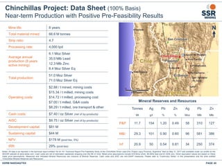 N
Mineral Reserves and Resources
Tonnes Ag Pb Zn Ag Pb Zn
Mt g/t % % Moz Mlb Mlb
P&P 11.7 154 1.20 0.49 58 310 127
M&I 29.3 101 0.90 0.60 96 581 386
Inf 20.9 50 0.54 0.81 34 250 374
Mine life: 8 years
Total material mined: 66.6 M tonnes
Strip ratio: 4.7
Processing rate: 4,000 tpd
Average annual
production (8 years
active mining):
6.1 Moz Silver
35.0 Mlb Lead
12.3 Mlb Zinc
8.4 Moz Silver Eq
Total production:
51.0 Moz Silver
71.0 Moz Silver Eq
Operating costs:
$2.88 / t mined, mining costs
$15.34 / t milled, mining costs
$14.72 / t milled, processing cost
$7.00 / t milled, G&A costs
$8.29 / t milled, ore transport & other
Cash costs: $7.40 / oz Silver (net of by-products)
AISC: $9.75 / oz Silver (net of by-products)
Development capital: $81 M
Sustaining capital: $44 M
NPV: $178 M (post-tax, 5%)
IRR: 29% (post-tax)
Chinchillas Project: Data Sheet (100% Basis)
Near-term Production with Positive Pre-Feasibility Results
SSRM:NASDAQ/TSX PAGE 45
Notes: All data is as reported in the technical report entitled “NI 43-101 Technical Report Pre-Feasibility Study of the Chinchillas Silver-Lead-Zinc Project Jujuy Province, Argentina” filed on May 31, 2017 and available under our profile on the
SEDAR website at www.sedar.com. Cash costs are net of estimated capitalized stripping over the life of mine. Metal price assumptions include $19.50/oz silver, $0.95/lb lead and $1.00/lb zinc. Silver equivalent values are based on these
metal price assumptions. Measured and Indicated Mineral Resources are inclusive of Mineral Reserves. Cash costs and AISC are non-GAAP measures. Please refer to “Cautionary Notes” in this presentation and the slide entitled
“Chinchillas Mineral Reserves and Resources”.
 