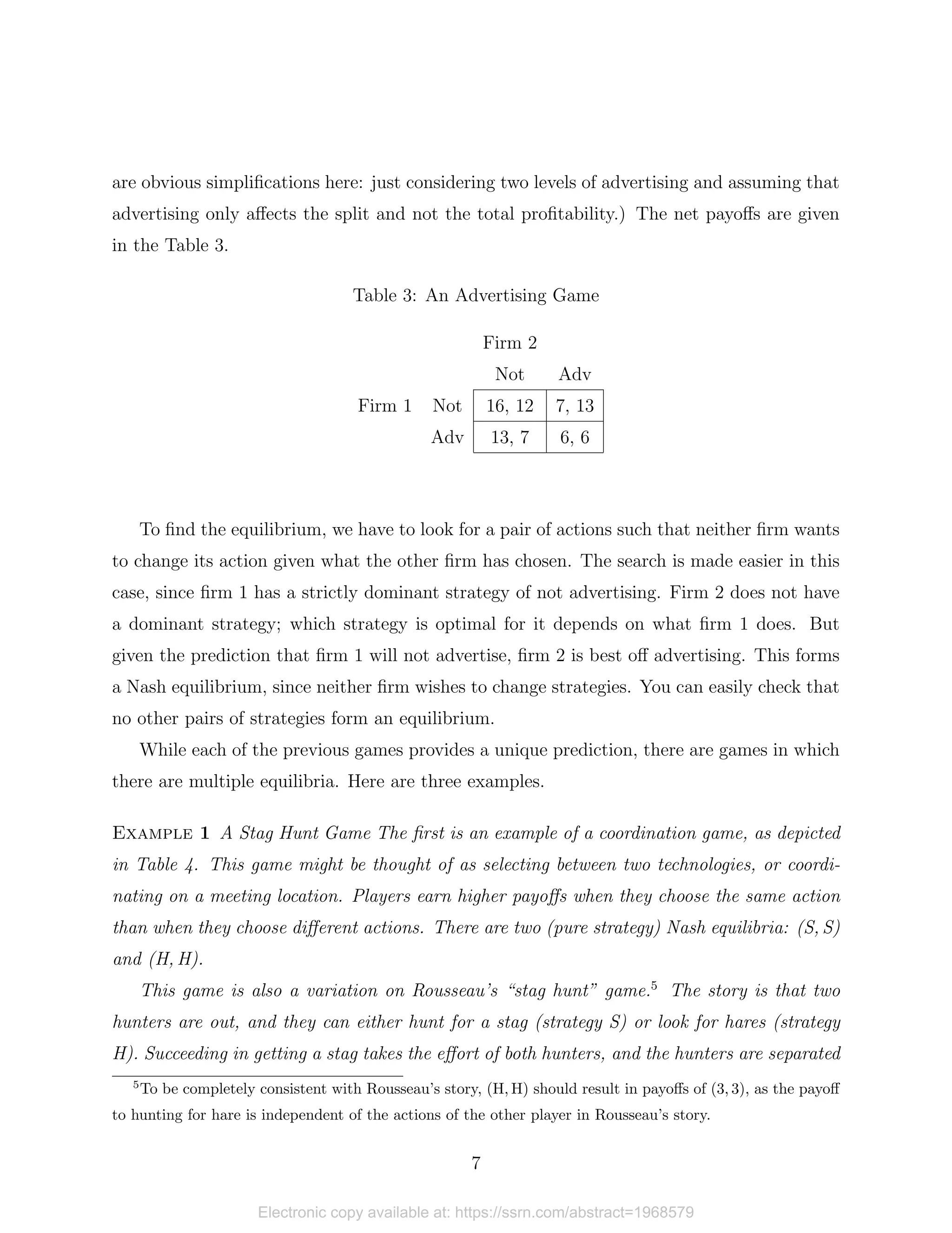 are obvious simplifications here: just considering two levels of advertising and assuming that
advertising only affects the split and not the total profitability.) The net payoffs are given
in the Table 3.
Table 3: An Advertising Game
Firm 2
Not Adv
Firm 1 Not 16, 12 7, 13
Adv 13, 7 6, 6
To find the equilibrium, we have to look for a pair of actions such that neither firm wants
to change its action given what the other firm has chosen. The search is made easier in this
case, since firm 1 has a strictly dominant strategy of not advertising. Firm 2 does not have
a dominant strategy; which strategy is optimal for it depends on what firm 1 does. But
given the prediction that firm 1 will not advertise, firm 2 is best off advertising. This forms
a Nash equilibrium, since neither firm wishes to change strategies. You can easily check that
no other pairs of strategies form an equilibrium.
While each of the previous games provides a unique prediction, there are games in which
there are multiple equilibria. Here are three examples.
Example 1 A Stag Hunt Game The first is an example of a coordination game, as depicted
in Table 4. This game might be thought of as selecting between two technologies, or coordi-
nating on a meeting location. Players earn higher payoffs when they choose the same action
than when they choose different actions. There are two (pure strategy) Nash equilibria: (S, S)
and (H, H).
This game is also a variation on Rousseau’s “stag hunt” game.5
The story is that two
hunters are out, and they can either hunt for a stag (strategy S) or look for hares (strategy
H). Succeeding in getting a stag takes the effort of both hunters, and the hunters are separated
5
To be completely consistent with Rousseau’s story, (H, H) should result in payoffs of (3, 3), as the payoff
to hunting for hare is independent of the actions of the other player in Rousseau’s story.
7
Electronic copy available at: https://ssrn.com/abstract=1968579
 