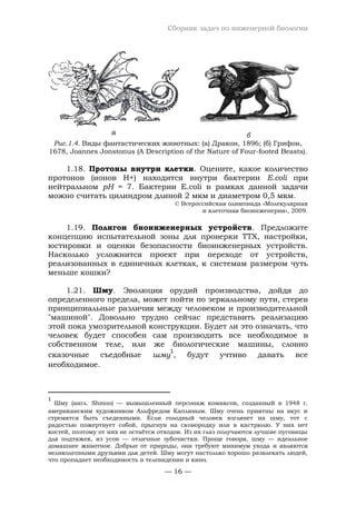 Сборник задач по инженерной биологии
— 16 —
а б
Рис.1.4. Виды фантастических животных: (а) Дракон, 1896; (б) Грифон,
1678, Joannes Jonstonus (A Description of the Nature of Four-footed Beasts).
1.18. Протоны внутри клетки. Оцените, какое количество
протонов (ионов H+) находится внутри бактерии E.coli при
нейтральном pH = 7. Бактерии E.coli в рамках данной задачи
можно считать цилиндром длиной 2 мкм и диаметром 0,5 мкм.
© Всероссийская олимпиада «Молекулярная
и клеточная биоинженерия», 2009.
1.19. Полигон биоинженерных устройств. Предложите
концепцию испытательной зоны для проверки ТТХ, настройки,
юстировки и оценки безопасности биоинженерных устройств.
Насколько усложнится проект при переходе от устройств,
реализованных в единичных клетках, к системам размером чуть
меньше кошки?
1.21. Шму. Эволюция орудий производства, дойдя до
определенного предела, может пойти по зеркальному пути, стерев
принципиальные различия между человеком и производительной
"машиной". Довольно трудно сейчас представить реализацию
этой пока умозрительной конструкции. Будет ли это означать, что
человек будет способен сам производить все необходимое в
собственном теле, или же биологические машины, словно
сказочные съедобные шму
1
, будут учтиво давать все
необходимое.
1
Шму (англ. Shmoo) — вымышленный персонаж комиксов, созданный в 1948 г.
американским художником Альфредом Каплиным. Шму очень приятны на вкус и
стремятся быть съеденными. Если голодный человек взглянет на шму, тот с
радостью пожертвует собой, прыгнув на сковородку или в кастрюлю. У них нет
костей, поэтому от них не остаётся отходов. Из их глаз получаются лучшие пуговицы
для подтяжек, из усов — отличные зубочистки. Проще говоря, шму — идеальное
домашнее животное. Добрые от природы, они требуют минимум ухода и являются
великолепными друзьями для детей. Шму могут настолько хорошо развлекать людей,
что пропадает необходимость в телевидении и кино.
 