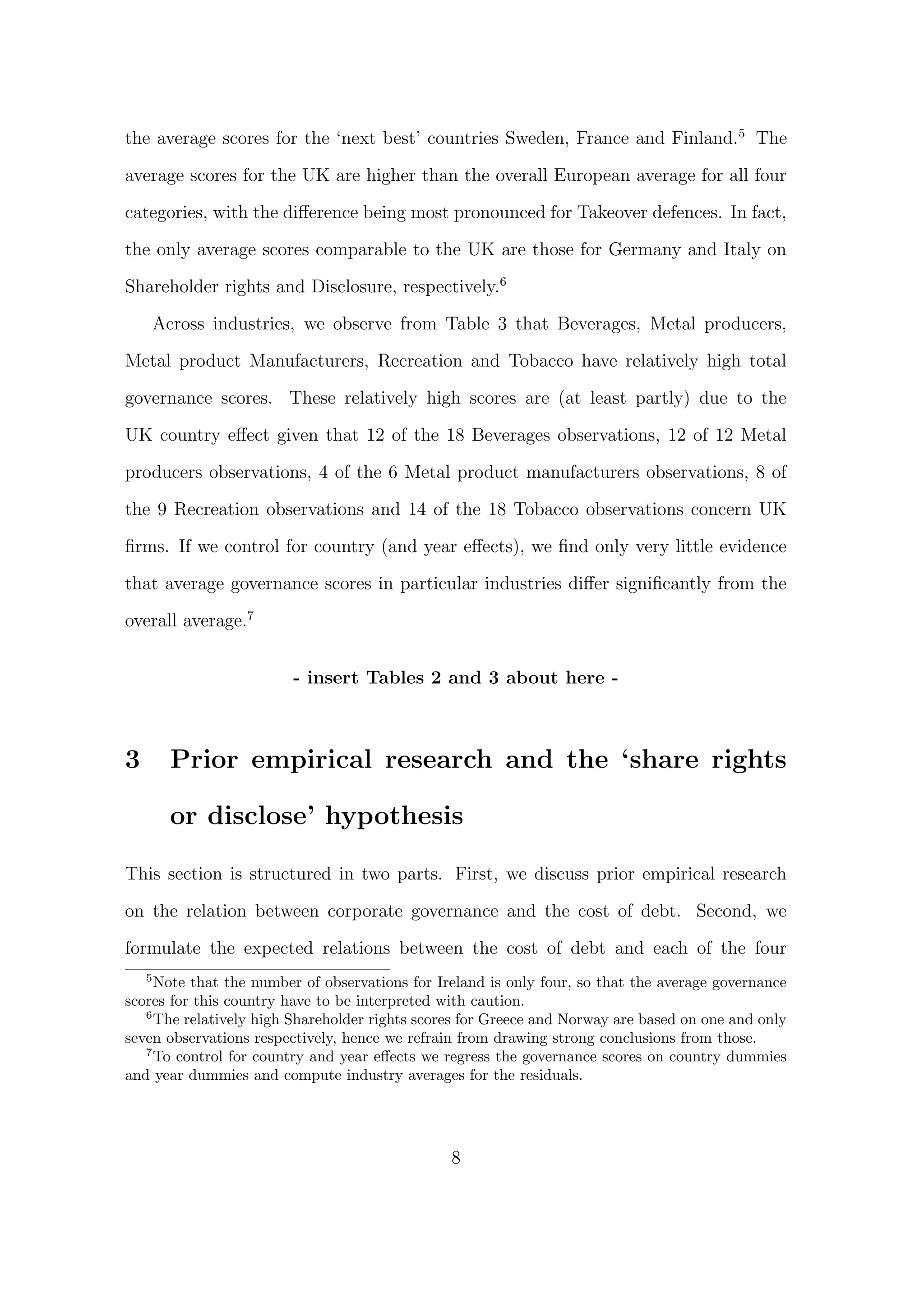 the average scores for the ‘next best’ countries Sweden, France and Finland.5 The

average scores for the UK are higher than the overall European average for all four
categories, with the diﬀerence being most pronounced for Takeover defences. In fact,

the only average scores comparable to the UK are those for Germany and Italy on
Shareholder rights and Disclosure, respectively.6

    Across industries, we observe from Table 3 that Beverages, Metal producers,
Metal product Manufacturers, Recreation and Tobacco have relatively high total
governance scores. These relatively high scores are (at least partly) due to the

UK country eﬀect given that 12 of the 18 Beverages observations, 12 of 12 Metal

producers observations, 4 of the 6 Metal product manufacturers observations, 8 of

the 9 Recreation observations and 14 of the 18 Tobacco observations concern UK
ﬁrms. If we control for country (and year eﬀects), we ﬁnd only very little evidence
that average governance scores in particular industries diﬀer signiﬁcantly from the
overall average.7


                        - insert Tables 2 and 3 about here -



3     Prior empirical research and the ‘share rights

      or disclose’ hypothesis

This section is structured in two parts. First, we discuss prior empirical research

on the relation between corporate governance and the cost of debt. Second, we

formulate the expected relations between the cost of debt and each of the four
   5
     Note that the number of observations for Ireland is only four, so that the average governance
scores for this country have to be interpreted with caution.
   6
     The relatively high Shareholder rights scores for Greece and Norway are based on one and only
seven observations respectively, hence we refrain from drawing strong conclusions from those.
   7
     To control for country and year eﬀects we regress the governance scores on country dummies
and year dummies and compute industry averages for the residuals.




                                                8
 