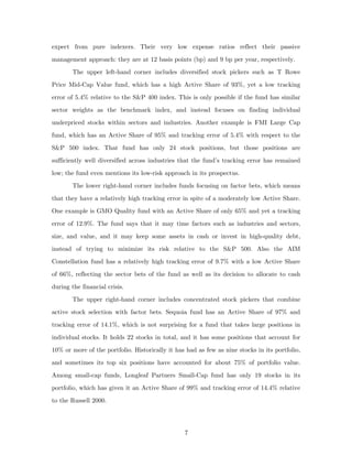 expect from pure indexers. Their very low expense ratios reflect their passive
management approach: they are at 12 basis points (bp) and 9 bp per year, respectively.
        The upper left-hand corner includes diversified stock pickers such as T Rowe
Price Mid-Cap Value fund, which has a high Active Share of 93%, yet a low tracking
error of 5.4% relative to the S&P 400 index. This is only possible if the fund has similar
sector weights as the benchmark index, and instead focuses on finding individual
underpriced stocks within sectors and industries. Another example is FMI Large Cap
fund, which has an Active Share of 95% and tracking error of 5.4% with respect to the
S&P 500 index. That fund has only 24 stock positions, but those positions are
sufficiently well diversified across industries that the fund’s tracking error has remained
low; the fund even mentions its low-risk approach in its prospectus.
        The lower right-hand corner includes funds focusing on factor bets, which means
that they have a relatively high tracking error in spite of a moderately low Active Share.
One example is GMO Quality fund with an Active Share of only 65% and yet a tracking
error of 12.9%. The fund says that it may time factors such as industries and sectors,
size, and value, and it may keep some assets in cash or invest in high-quality debt,
instead of trying to minimize its risk relative to the S&P 500. Also the AIM
Constellation fund has a relatively high tracking error of 9.7% with a low Active Share
of 66%, reflecting the sector bets of the fund as well as its decision to allocate to cash
during the financial crisis.
        The upper right-hand corner includes concentrated stock pickers that combine
active stock selection with factor bets. Sequoia fund has an Active Share of 97% and
tracking error of 14.1%, which is not surprising for a fund that takes large positions in
individual stocks. It holds 22 stocks in total, and it has some positions that account for
10% or more of the portfolio. Historically it has had as few as nine stocks in its portfolio,
and sometimes its top six positions have accounted for about 75% of portfolio value.
Among small-cap funds, Longleaf Partners Small-Cap fund has only 19 stocks in its
portfolio, which has given it an Active Share of 99% and tracking error of 14.4% relative
to the Russell 2000.




                                                 7
 