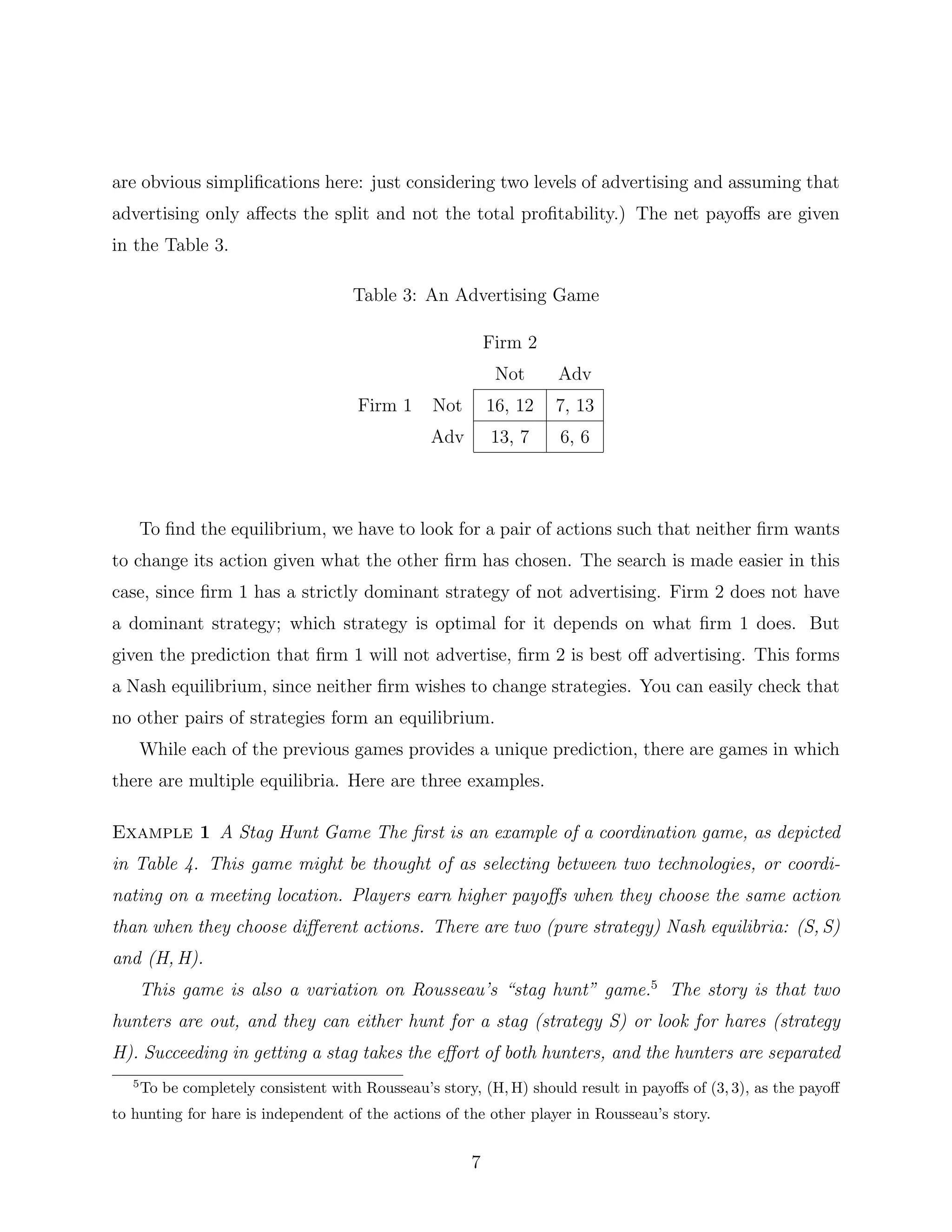 are obvious simpliﬁcations here: just considering two levels of advertising and assuming that
advertising only aﬀects the split and not the total proﬁtability.) The net payoﬀs are given
in the Table 3.
Table 3: An Advertising Game
Firm 2
Not Adv
Firm 1 Not 16, 12 7, 13
Adv 13, 7 6, 6
To ﬁnd the equilibrium, we have to look for a pair of actions such that neither ﬁrm wants
to change its action given what the other ﬁrm has chosen. The search is made easier in this
case, since ﬁrm 1 has a strictly dominant strategy of not advertising. Firm 2 does not have
a dominant strategy; which strategy is optimal for it depends on what ﬁrm 1 does. But
given the prediction that ﬁrm 1 will not advertise, ﬁrm 2 is best oﬀ advertising. This forms
a Nash equilibrium, since neither ﬁrm wishes to change strategies. You can easily check that
no other pairs of strategies form an equilibrium.
While each of the previous games provides a unique prediction, there are games in which
there are multiple equilibria. Here are three examples.
Example 1 A Stag Hunt Game The ﬁrst is an example of a coordination game, as depicted
in Table 4. This game might be thought of as selecting between two technologies, or coordi-
nating on a meeting location. Players earn higher payoﬀs when they choose the same action
than when they choose diﬀerent actions. There are two (pure strategy) Nash equilibria: (S, S)
and (H, H).
This game is also a variation on Rousseau’s “stag hunt” game.5
The story is that two
hunters are out, and they can either hunt for a stag (strategy S) or look for hares (strategy
H). Succeeding in getting a stag takes the eﬀort of both hunters, and the hunters are separated
5
To be completely consistent with Rousseau’s story, (H, H) should result in payoﬀs of (3, 3), as the payoﬀ
to hunting for hare is independent of the actions of the other player in Rousseau’s story.
7
 