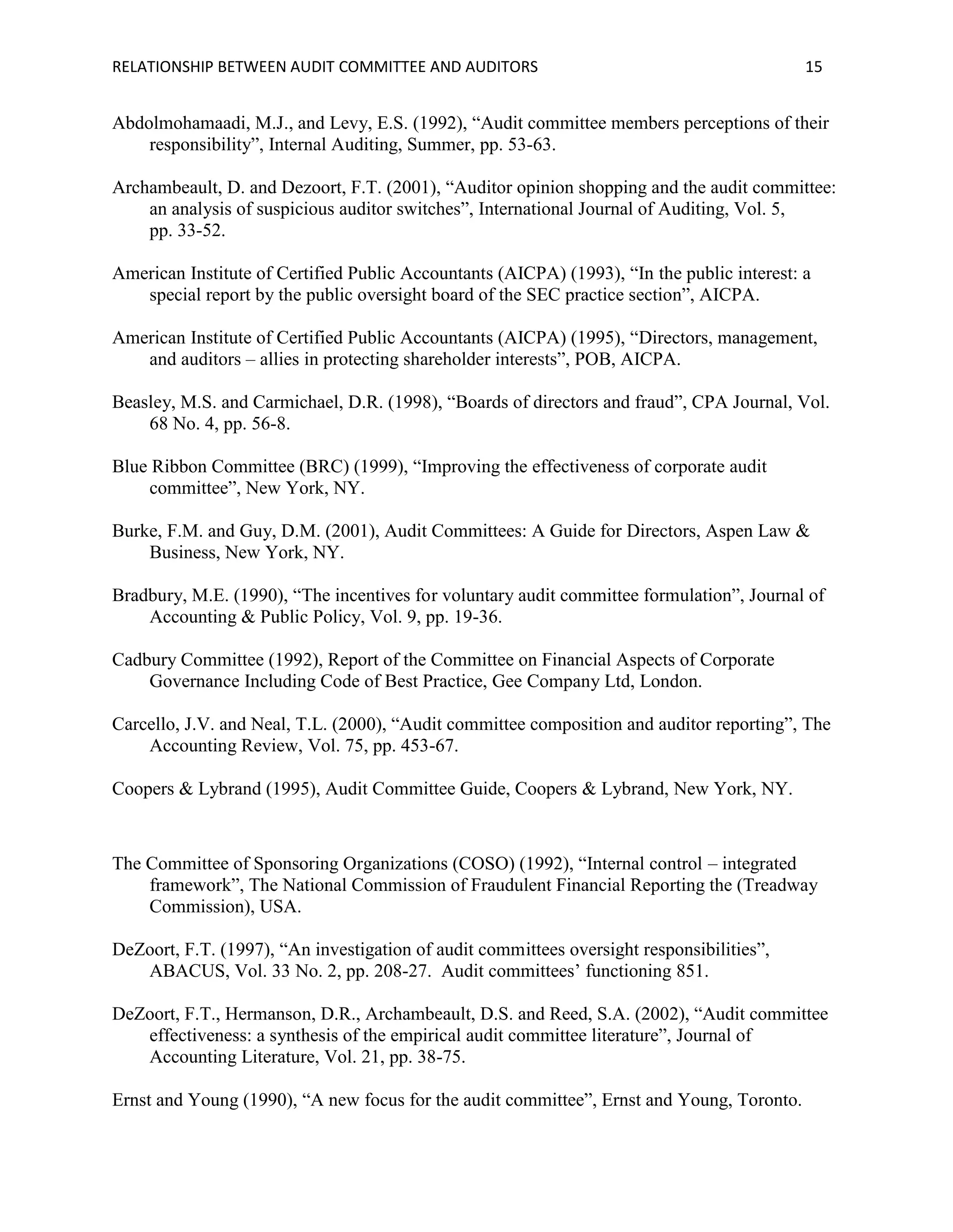 RELATIONSHIP BETWEEN AUDIT COMMITTEE AND AUDITORS

15

Abdolmohamaadi, M.J., and Levy, E.S. (1992), “Audit committee members perceptions of their
responsibility”, Internal Auditing, Summer, pp. 53-63.
Archambeault, D. and Dezoort, F.T. (2001), “Auditor opinion shopping and the audit committee:
an analysis of suspicious auditor switches”, International Journal of Auditing, Vol. 5,
pp. 33-52.
American Institute of Certified Public Accountants (AICPA) (1993), “In the public interest: a
special report by the public oversight board of the SEC practice section”, AICPA.
American Institute of Certified Public Accountants (AICPA) (1995), “Directors, management,
and auditors – allies in protecting shareholder interests”, POB, AICPA.
Beasley, M.S. and Carmichael, D.R. (1998), “Boards of directors and fraud”, CPA Journal, Vol.
68 No. 4, pp. 56-8.
Blue Ribbon Committee (BRC) (1999), “Improving the effectiveness of corporate audit
committee”, New York, NY.
Burke, F.M. and Guy, D.M. (2001), Audit Committees: A Guide for Directors, Aspen Law &
Business, New York, NY.
Bradbury, M.E. (1990), “The incentives for voluntary audit committee formulation”, Journal of
Accounting & Public Policy, Vol. 9, pp. 19-36.
Cadbury Committee (1992), Report of the Committee on Financial Aspects of Corporate
Governance Including Code of Best Practice, Gee Company Ltd, London.
Carcello, J.V. and Neal, T.L. (2000), “Audit committee composition and auditor reporting”, The
Accounting Review, Vol. 75, pp. 453-67.
Coopers & Lybrand (1995), Audit Committee Guide, Coopers & Lybrand, New York, NY.

The Committee of Sponsoring Organizations (COSO) (1992), “Internal control – integrated
framework”, The National Commission of Fraudulent Financial Reporting the (Treadway
Commission), USA.
DeZoort, F.T. (1997), “An investigation of audit committees oversight responsibilities”,
ABACUS, Vol. 33 No. 2, pp. 208-27. Audit committees’ functioning 851.
DeZoort, F.T., Hermanson, D.R., Archambeault, D.S. and Reed, S.A. (2002), “Audit committee
effectiveness: a synthesis of the empirical audit committee literature”, Journal of
Accounting Literature, Vol. 21, pp. 38-75.
Ernst and Young (1990), “A new focus for the audit committee”, Ernst and Young, Toronto.

 