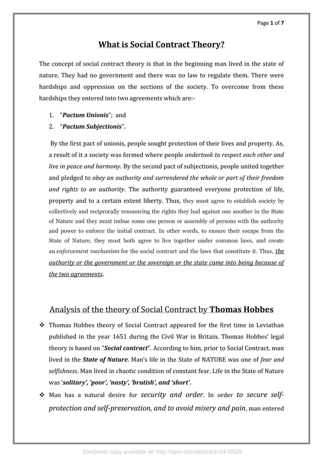 Summary of Social Contract Theory by Hobbes, Locke and Rousseau