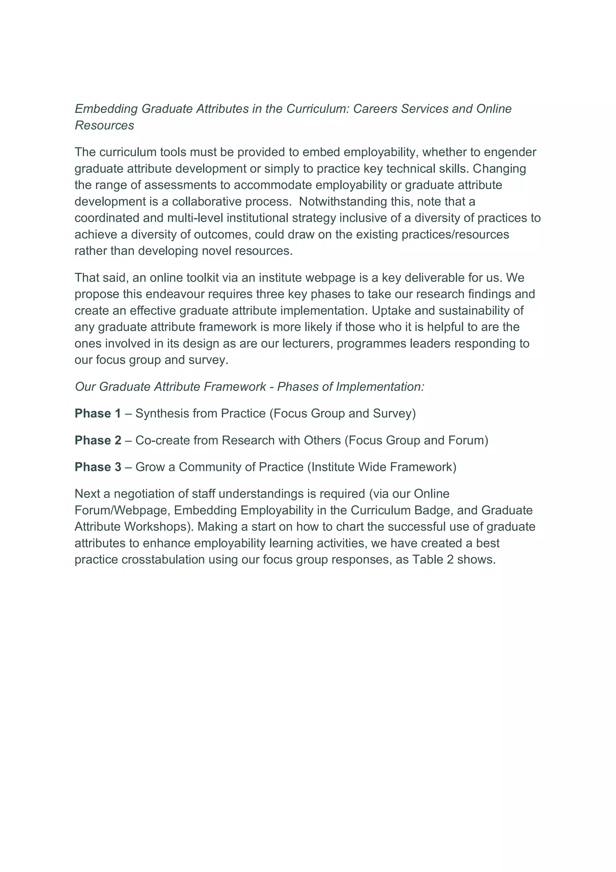 Embedding Graduate Attributes in the Curriculum: Careers Services and Online
Resources
The curriculum tools must be provided to embed employability, whether to engender
graduate attribute development or simply to practice key technical skills. Changing
the range of assessments to accommodate employability or graduate attribute
development is a collaborative process. Notwithstanding this, note that a
coordinated and multi-level institutional strategy inclusive of a diversity of practices to
achieve a diversity of outcomes, could draw on the existing practices/resources
rather than developing novel resources.
That said, an online toolkit via an institute webpage is a key deliverable for us. We
propose this endeavour requires three key phases to take our research findings and
create an effective graduate attribute implementation. Uptake and sustainability of
any graduate attribute framework is more likely if those who it is helpful to are the
ones involved in its design as are our lecturers, programmes leaders responding to
our focus group and survey.
Our Graduate Attribute Framework - Phases of Implementation:
Phase 1 – Synthesis from Practice (Focus Group and Survey)
Phase 2 – Co-create from Research with Others (Focus Group and Forum)
Phase 3 – Grow a Community of Practice (Institute Wide Framework)
Next a negotiation of staff understandings is required (via our Online
Forum/Webpage, Embedding Employability in the Curriculum Badge, and Graduate
Attribute Workshops). Making a start on how to chart the successful use of graduate
attributes to enhance employability learning activities, we have created a best
practice crosstabulation using our focus group responses, as Table 2 shows.
 