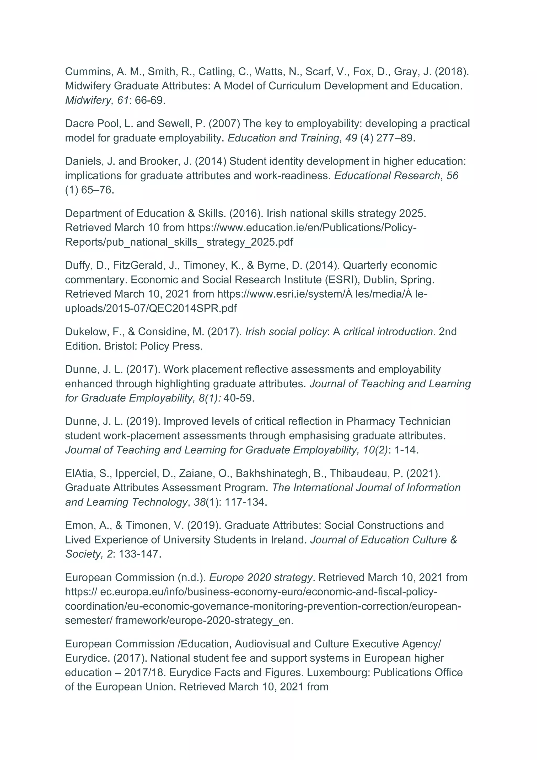 Cummins, A. M., Smith, R., Catling, C., Watts, N., Scarf, V., Fox, D., Gray, J. (2018).
Midwifery Graduate Attributes: A Model of Curriculum Development and Education.
Midwifery, 61: 66-69.
Dacre Pool, L. and Sewell, P. (2007) The key to employability: developing a practical
model for graduate employability. Education and Training, 49 (4) 277–89.
Daniels, J. and Brooker, J. (2014) Student identity development in higher education:
implications for graduate attributes and work-readiness. Educational Research, 56
(1) 65–76.
Department of Education & Skills. (2016). Irish national skills strategy 2025.
Retrieved March 10 from https://www.education.ie/en/Publications/Policy-
Reports/pub_national_skills_ strategy_2025.pdf
Duffy, D., FitzGerald, J., Timoney, K., & Byrne, D. (2014). Quarterly economic
commentary. Economic and Social Research Institute (ESRI), Dublin, Spring.
Retrieved March 10, 2021 from https://www.esri.ie/system/À les/media/À le-
uploads/2015-07/QEC2014SPR.pdf
Dukelow, F., & Considine, M. (2017). Irish social policy: A critical introduction. 2nd
Edition. Bristol: Policy Press.
Dunne, J. L. (2017). Work placement reflective assessments and employability
enhanced through highlighting graduate attributes. Journal of Teaching and Learning
for Graduate Employability, 8(1): 40-59.
Dunne, J. L. (2019). Improved levels of critical reflection in Pharmacy Technician
student work-placement assessments through emphasising graduate attributes.
Journal of Teaching and Learning for Graduate Employability, 10(2): 1-14.
ElAtia, S., Ipperciel, D., Zaiane, O., Bakhshinategh, B., Thibaudeau, P. (2021).
Graduate Attributes Assessment Program. The International Journal of Information
and Learning Technology, 38(1): 117-134.
Emon, A., & Timonen, V. (2019). Graduate Attributes: Social Constructions and
Lived Experience of University Students in Ireland. Journal of Education Culture &
Society, 2: 133-147.
European Commission (n.d.). Europe 2020 strategy. Retrieved March 10, 2021 from
https:// ec.europa.eu/info/business-economy-euro/economic-and-fiscal-policy-
coordination/eu-economic-governance-monitoring-prevention-correction/european-
semester/ framework/europe-2020-strategy_en.
European Commission /Education, Audiovisual and Culture Executive Agency/
Eurydice. (2017). National student fee and support systems in European higher
education – 2017/18. Eurydice Facts and Figures. Luxembourg: Publications Office
of the European Union. Retrieved March 10, 2021 from
 