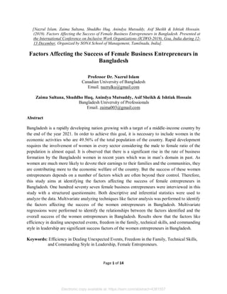 Factors Influencing the Success of Female Entrepreneurs in Bangladesh | PDF