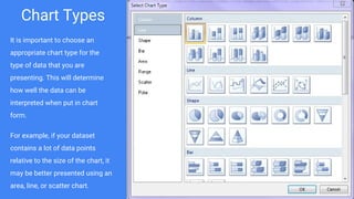 Chart Types
It is important to choose an
appropriate chart type for the
type of data that you are
presenting. This will determine
how well the data can be
interpreted when put in chart
form.
For example, if your dataset
contains a lot of data points
relative to the size of the chart, it
may be better presented using an
area, line, or scatter chart.
 