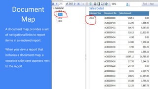 Document
Map
A document map provides a set
of navigational links to report
items in a rendered report.
When you view a report that
includes a document map, a
separate side pane appears next
to the report.
 