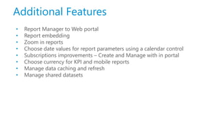 Additional Features
• Report Manager to Web portal
• Report embedding
• Zoom in reports
• Choose date values for report parameters using a calendar control
• Subscriptions improvements – Create and Manage with in portal
• Choose currency for KPI and mobile reports
• Manage data caching and refresh
• Manage shared datasets
 