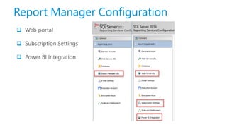 Report Manager Configuration
 Web portal
 Subscription Settings
 Power BI Integration
 