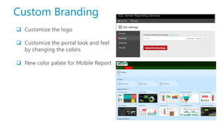 Custom Branding
 Customize the logo
 Customize the portal look and feel
by changing the colors
 New color palate for Mobile Report
 