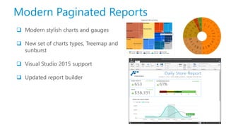 Modern Paginated Reports
 Modern stylish charts and gauges
 New set of charts types, Treemap and
sunburst
 Visual Studio 2015 support
 Updated report builder
 