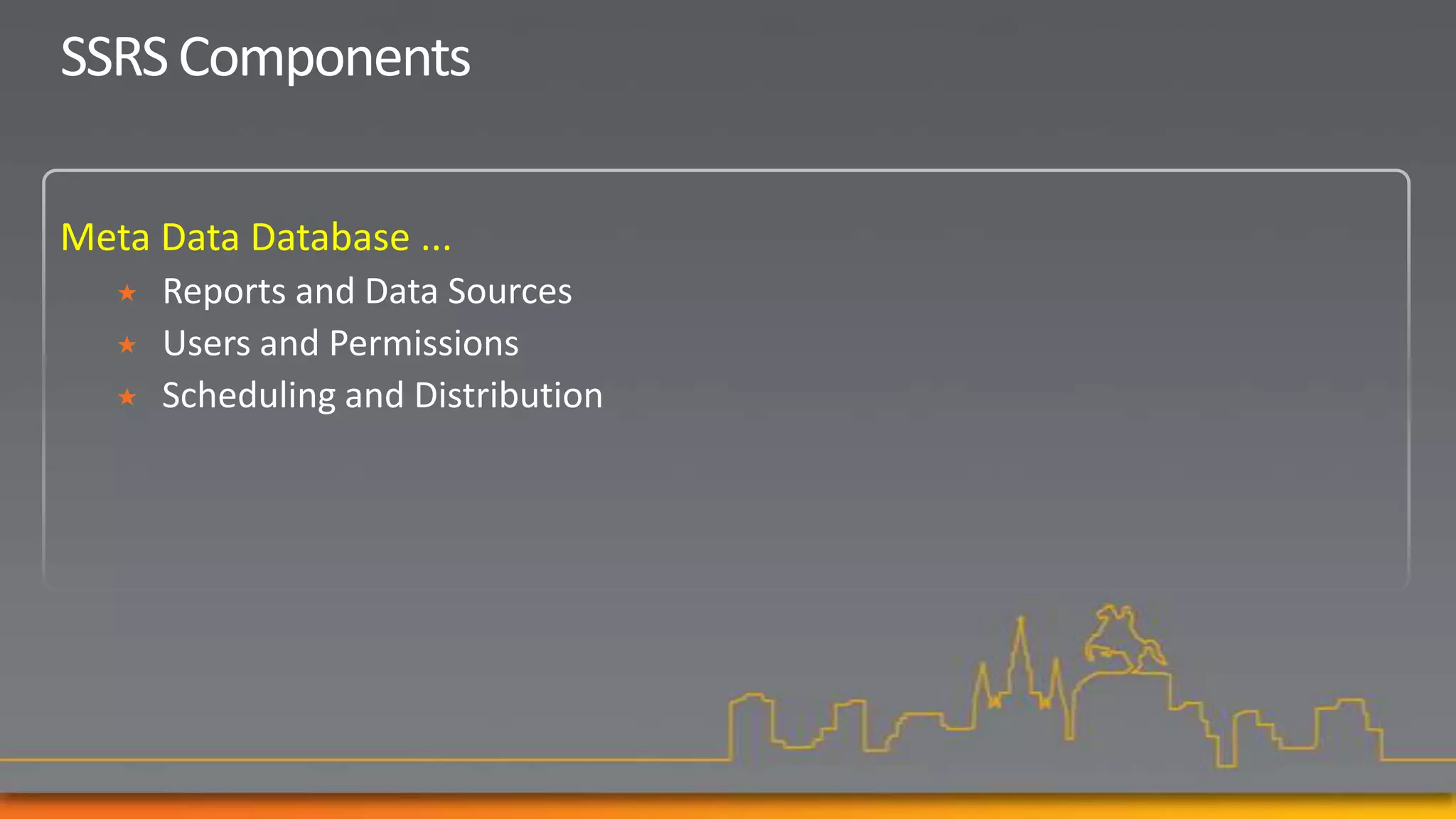 SSRS Components

Meta Data Database ...
      Reports and Data Sources
      Users and Permissions
      Scheduling and Distribution
 