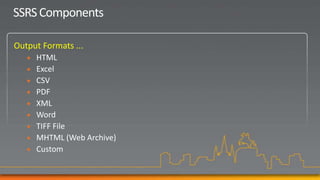 SSRS Components

Output Formats ...
      HTML
      Excel
      CSV
      PDF
      XML
      Word
      TIFF File
      MHTML (Web Archive)
      Custom
 
