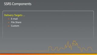 SSRS Components

Delivery Targets ...
      E-mail
      File Share
      Custom
 