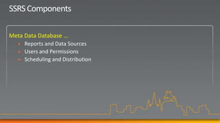 SSRS Components

Meta Data Database ...
      Reports and Data Sources
      Users and Permissions
      Scheduling and Distribution
 