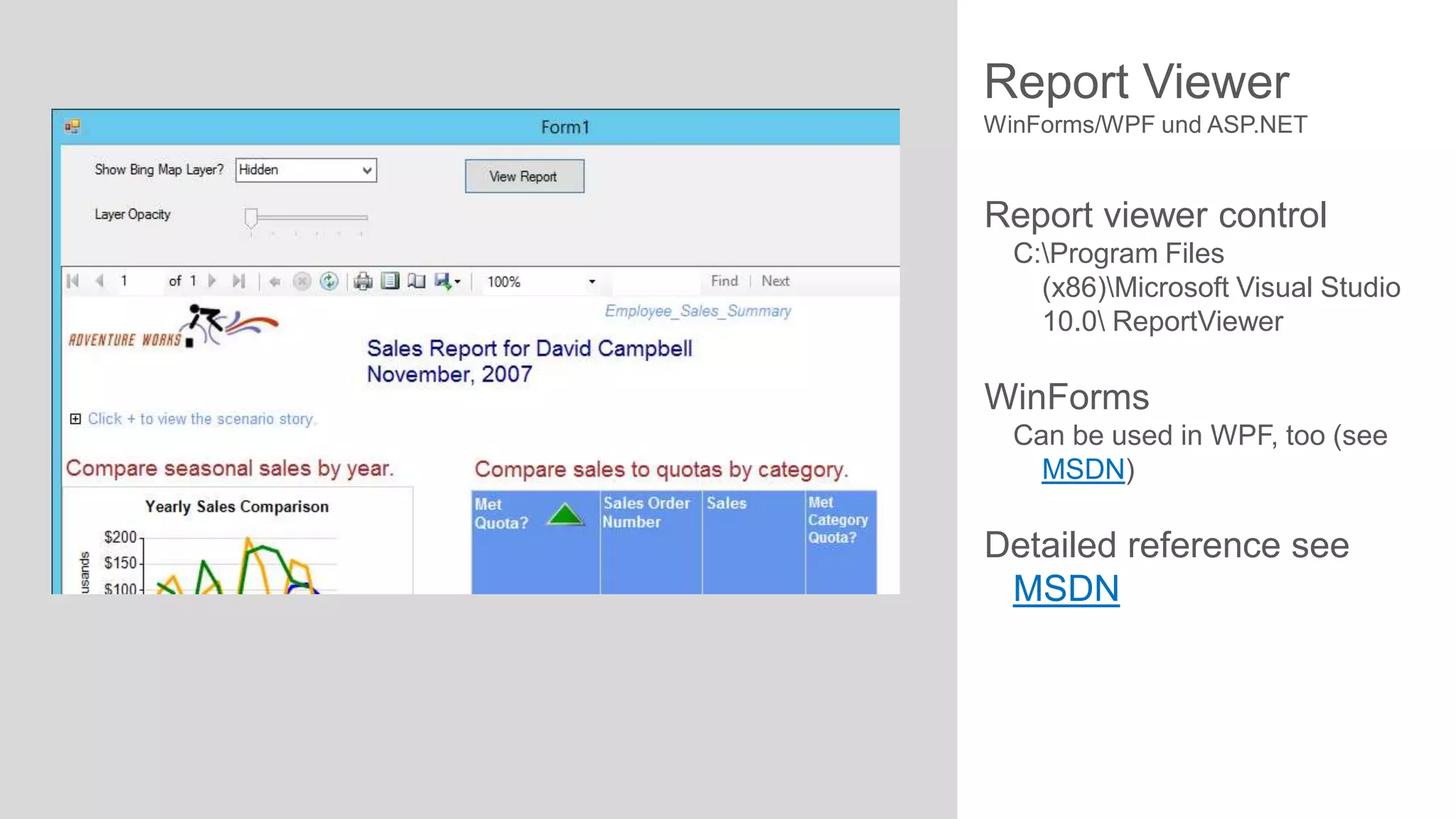 Report Viewer
WinForms/WPF und ASP.NET

Report viewer control
C:Program Files
(x86)Microsoft Visual Studio
10.0 ReportViewer

WinForms
Can be used in WPF, too (see
MSDN)

Detailed reference see
MSDN

 