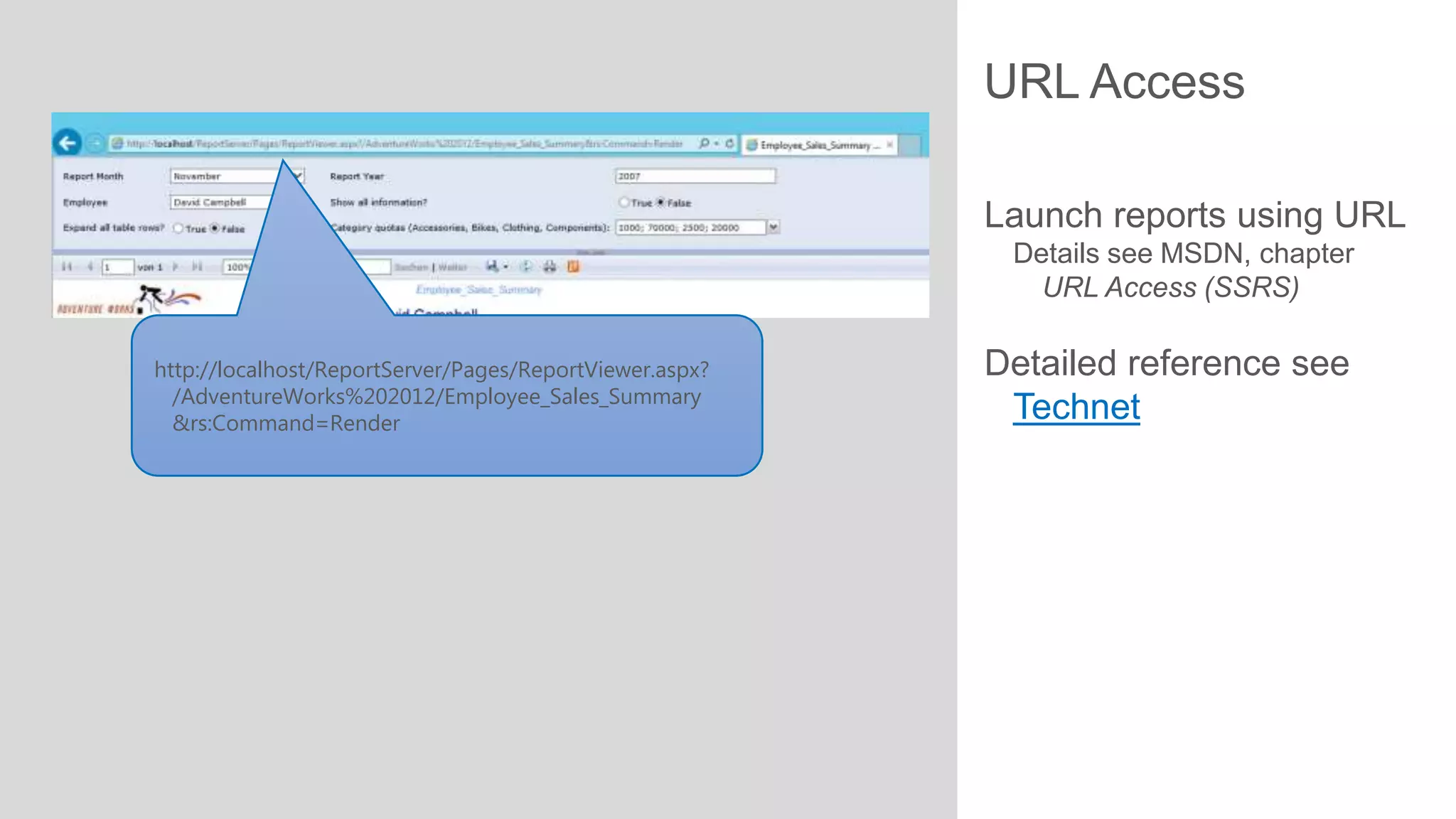 URL Access
Launch reports using URL
Details see MSDN, chapter
URL Access (SSRS)
http://localhost/ReportServer/Pages/ReportViewer.aspx?
/AdventureWorks%202012/Employee_Sales_Summary
&rs:Command=Render

Detailed reference see
Technet

 
