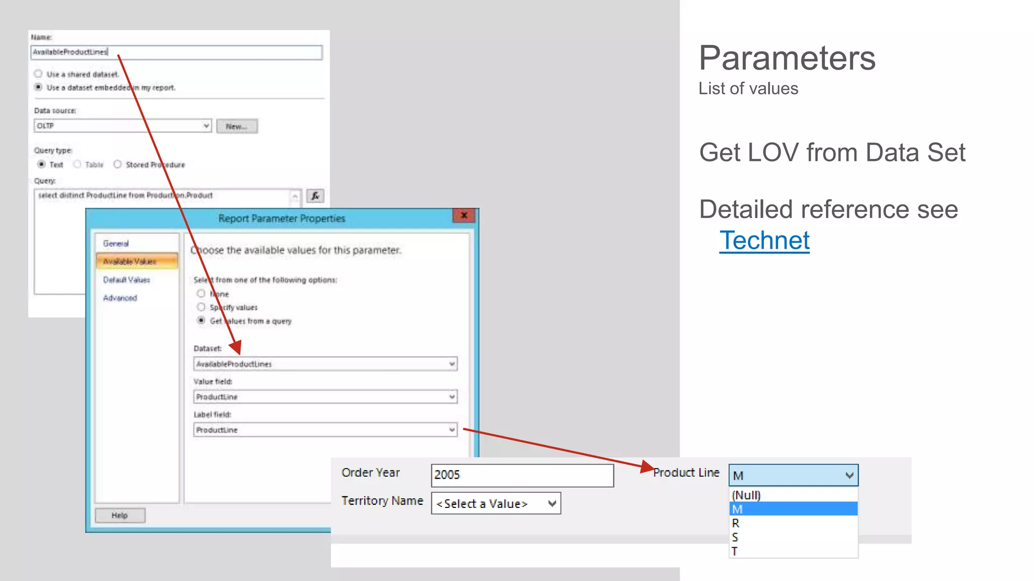 Parameters
List of values

Get LOV from Data Set
Detailed reference see
Technet

 