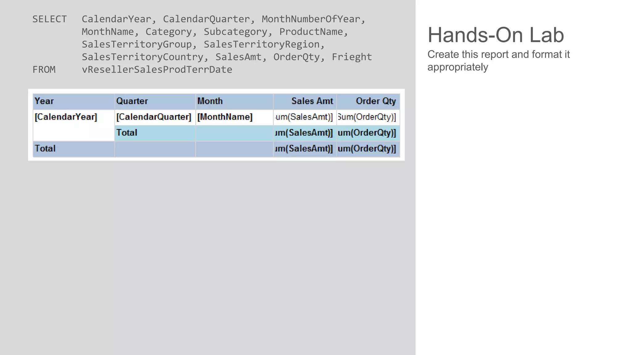 SELECT

FROM

CalendarYear, CalendarQuarter, MonthNumberOfYear,
MonthName, Category, Subcategory, ProductName,
SalesTerritoryGroup, SalesTerritoryRegion,
SalesTerritoryCountry, SalesAmt, OrderQty, Frieght
vResellerSalesProdTerrDate

Hands-On Lab
Create this report and format it
appropriately

 