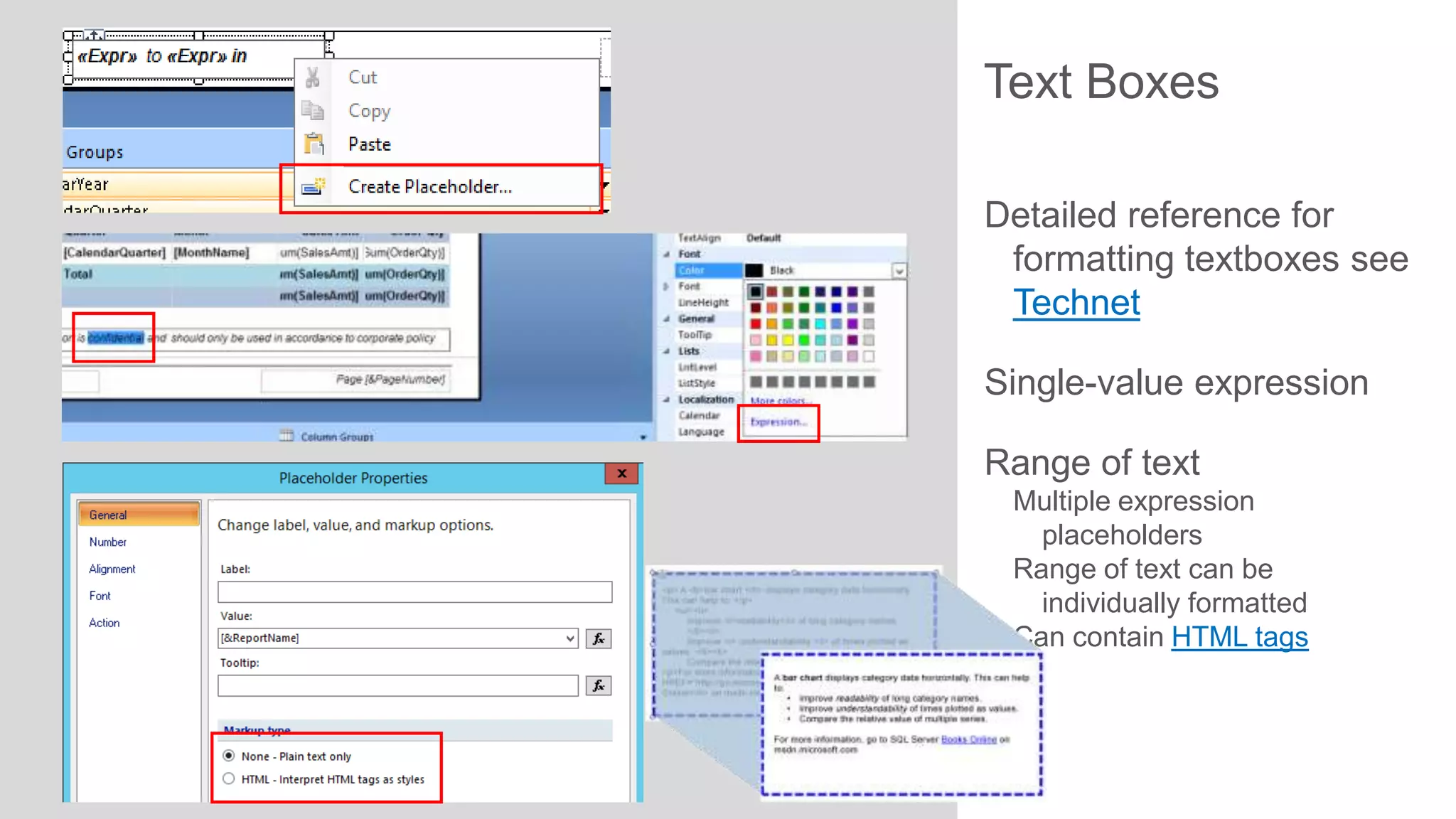 Text Boxes
Detailed reference for
formatting textboxes see
Technet
Single-value expression
Range of text
Multiple expression
placeholders
Range of text can be
individually formatted
Can contain HTML tags

 