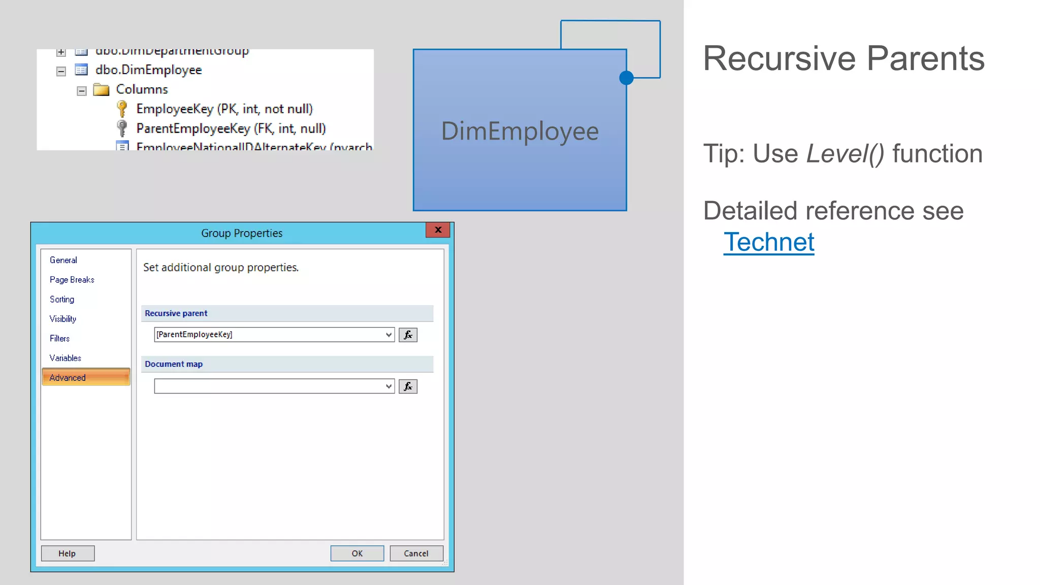 Recursive Parents
DimEmployee

Tip: Use Level() function
Detailed reference see
Technet

 