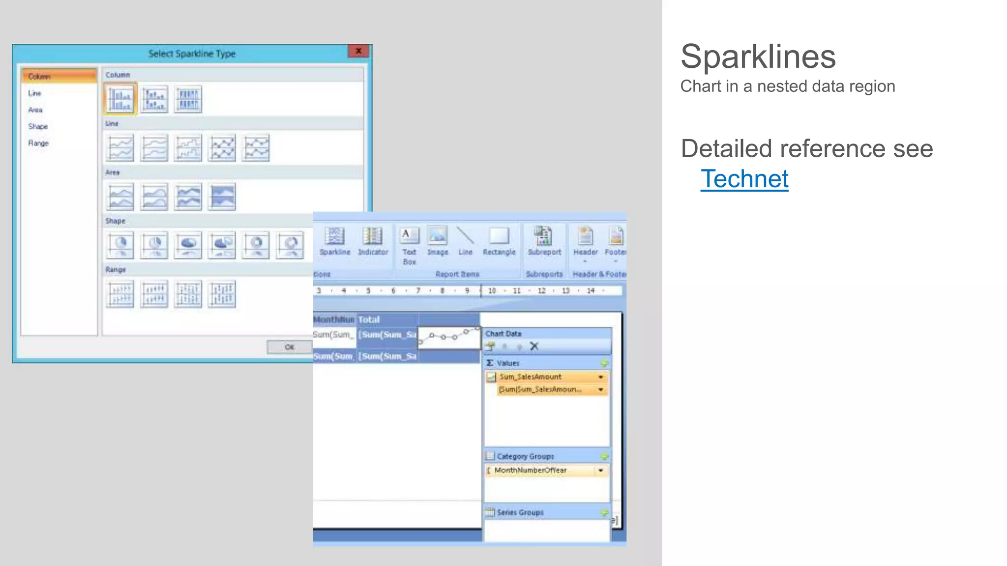 Sparklines
Chart in a nested data region

Detailed reference see
Technet

 