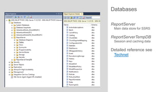 Databases
ReportServer
Main data store for SSRS

ReportServerTempDB
Session and caching data

Detailed reference see
Technet

 