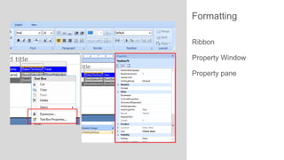 Formatting
Ribbon
Property Window
Property pane

 