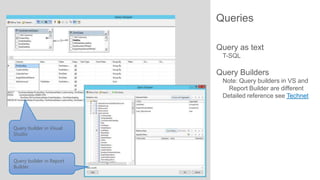 Queries
Query as text
T-SQL

Query Builders
Note: Query builders in VS and
Report Builder are different
Detailed reference see Technet

Query builder in Visual
Studio

Query builder in Report
Builder

 